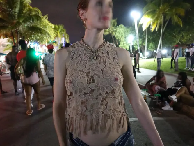 Strolling on Ocean Drive with my nipples poking through