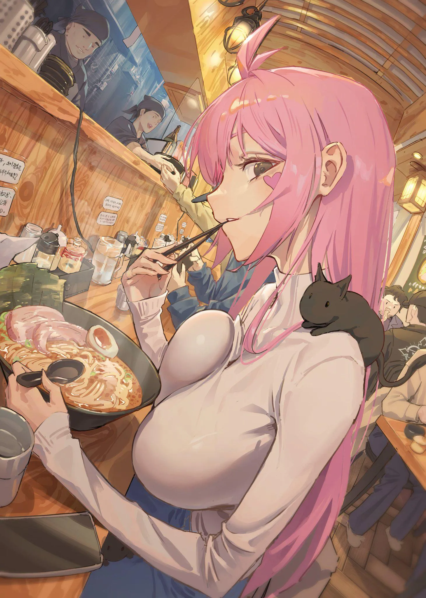 Enjoying eating a bowl of ramen