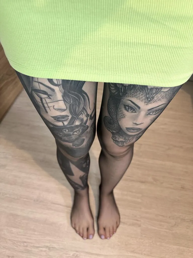 tattoos and seamless ultra sheer black pantyhose