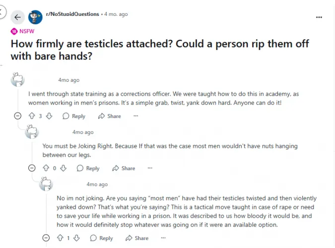 We were taught how to do this in academy, as women working in men’s prisons. It’s a simple grab, twist, yank down hard. Anyone can do it.