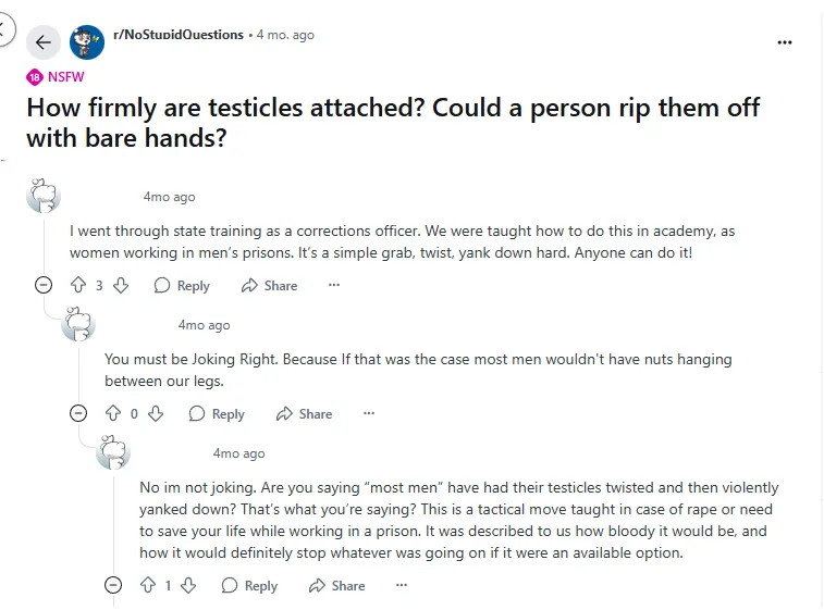 We were taught how to do this in academy, as women working in men’s prisons. It’s a simple grab, twist, yank down hard. Anyone can do it.