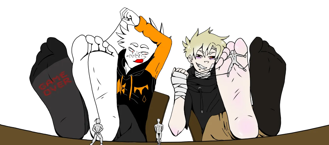 Got commissioned to draw foot fetish, size difference art of my own ocs Moe and Tobias.
