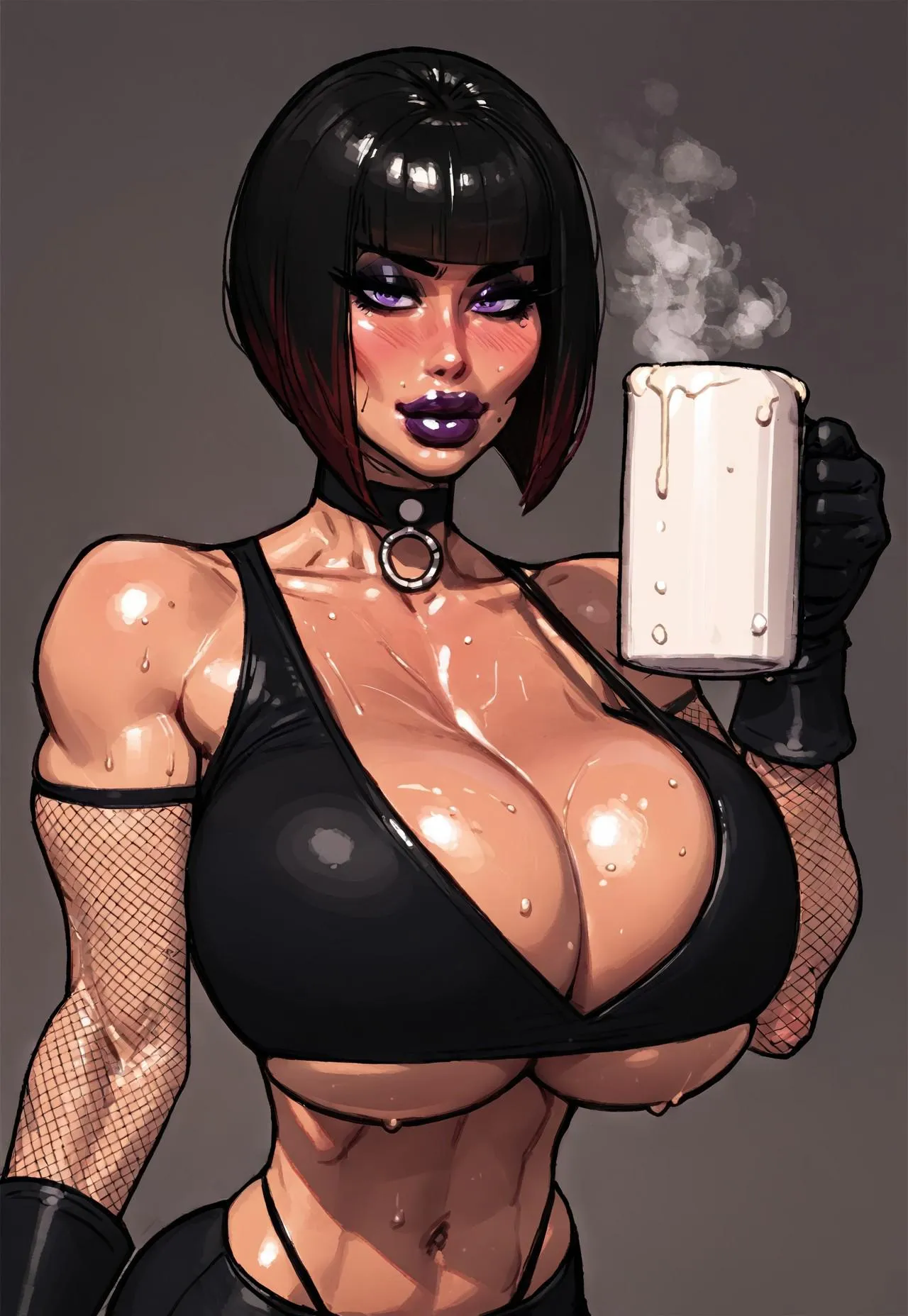 Goth Bimbo about to down a mug of thick steaming cum for her onlyfans.