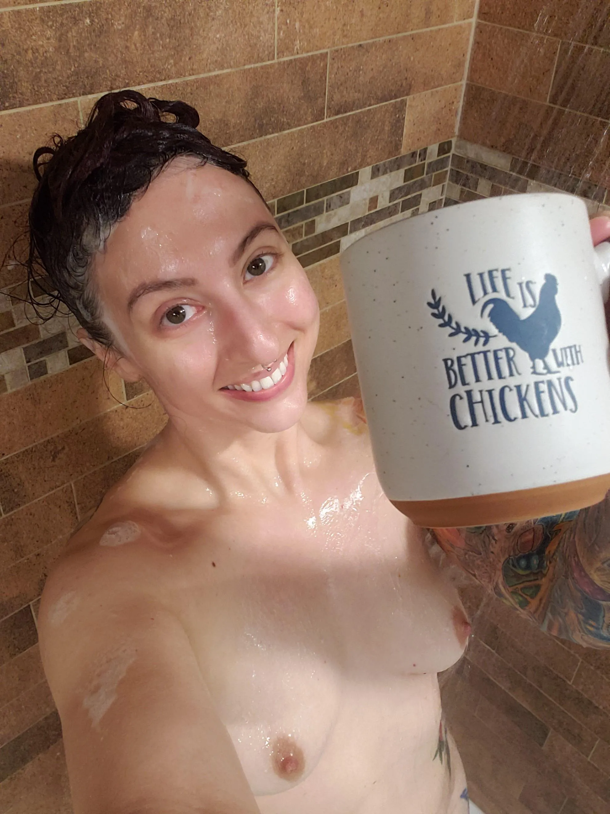 I think I agree with my mug...mostly. Happy Monday to the shower coffee flock 🥚🐣🐓☕