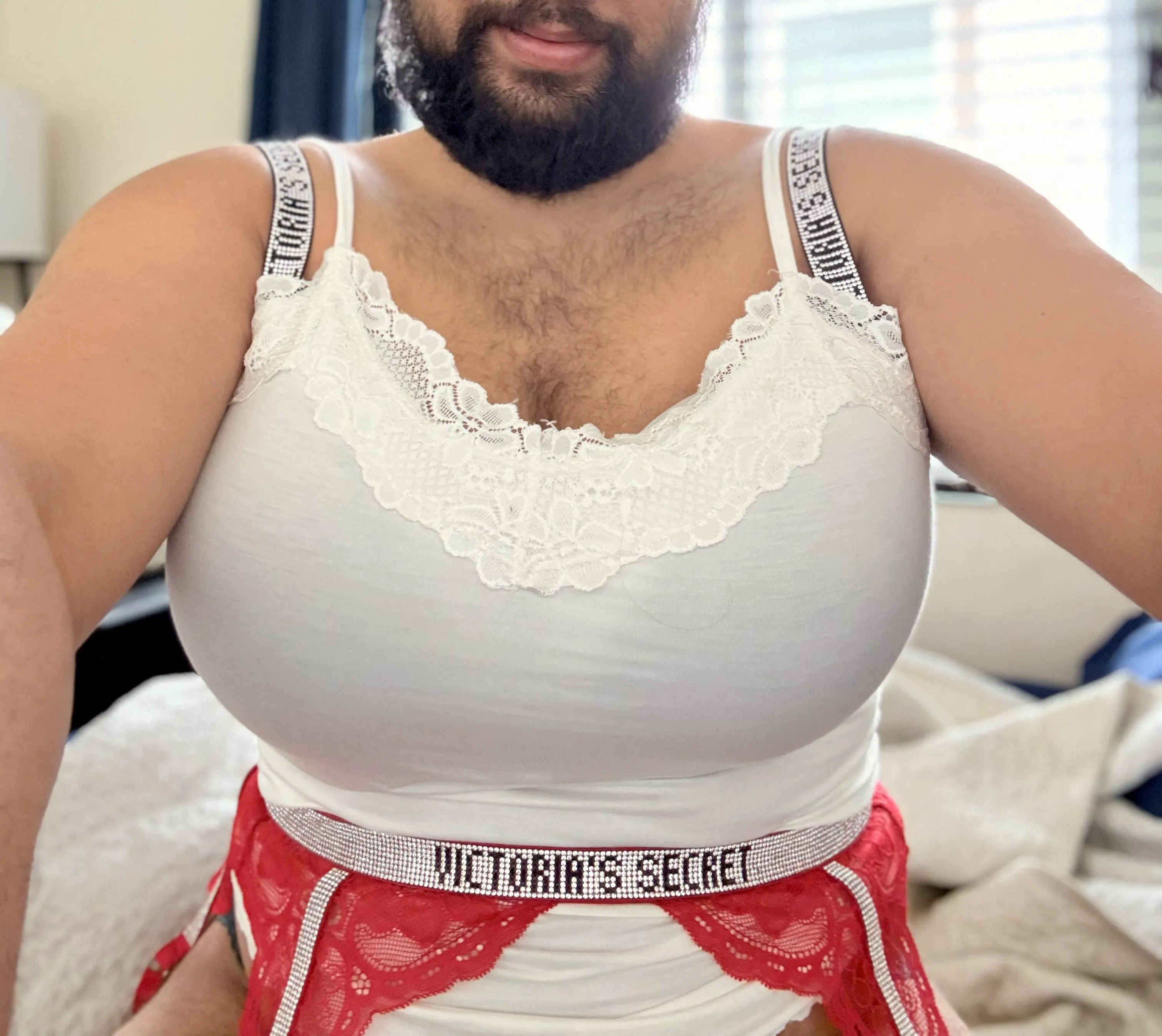 White Lace Cami with Shine Strap Bra + Garter Belt