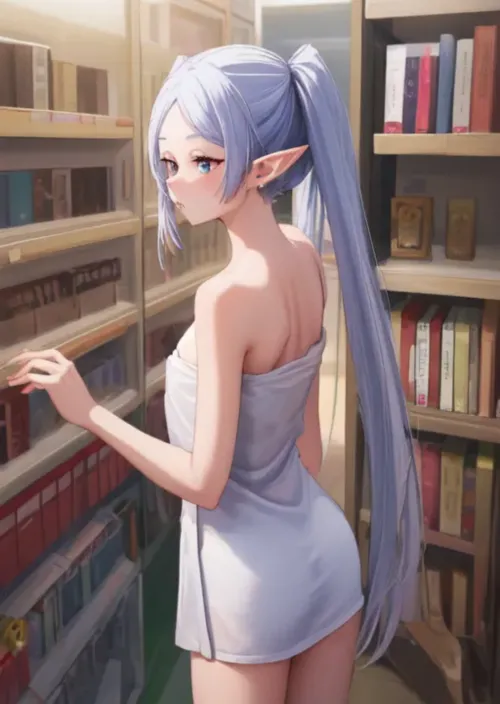 Frieren forgot to get dressed to go to the local library today! (Art by Me)