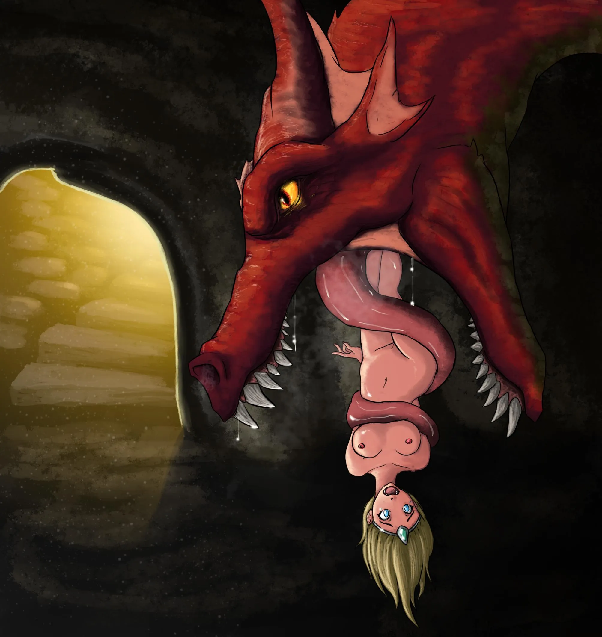 Light of Hope: The dragon coils his tongue around the naked damsel, preparing to swallow her alive and whole (Freimgul)