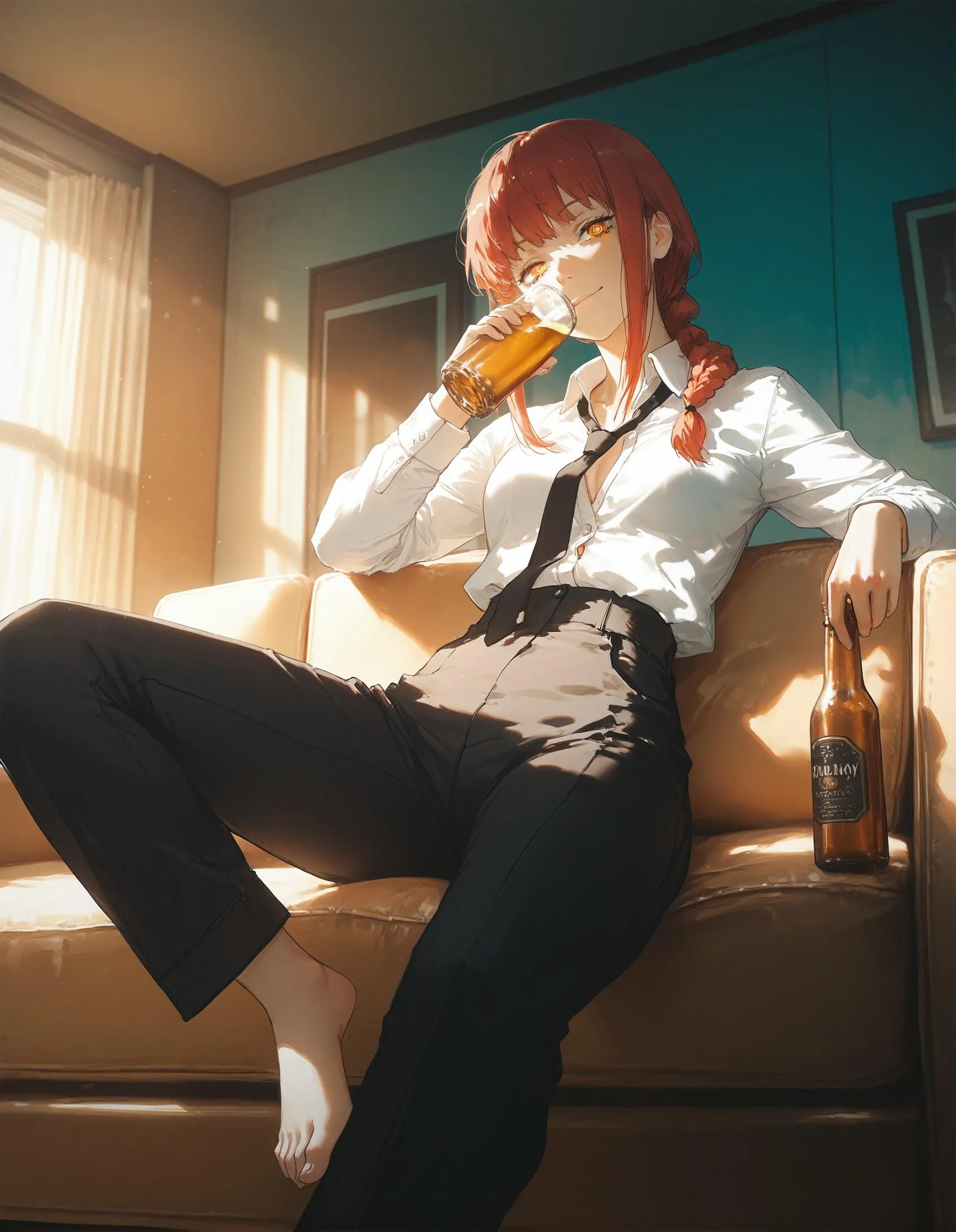 Makima having a beer after work (Yodayo AI)