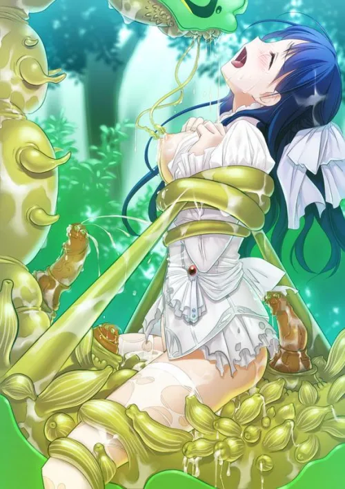 A wedding, in the beautiful forest, ending with a sweet kiss, and the upcoming first night and children to come. Everything was as arranged for the noble maiden, except for the groom being replaced by a great worm that ambushed the carriage. (Artist: Tsu