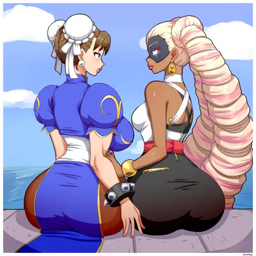 Chun-Li & Twintelle sitting together [Street Fighter × ARMS]