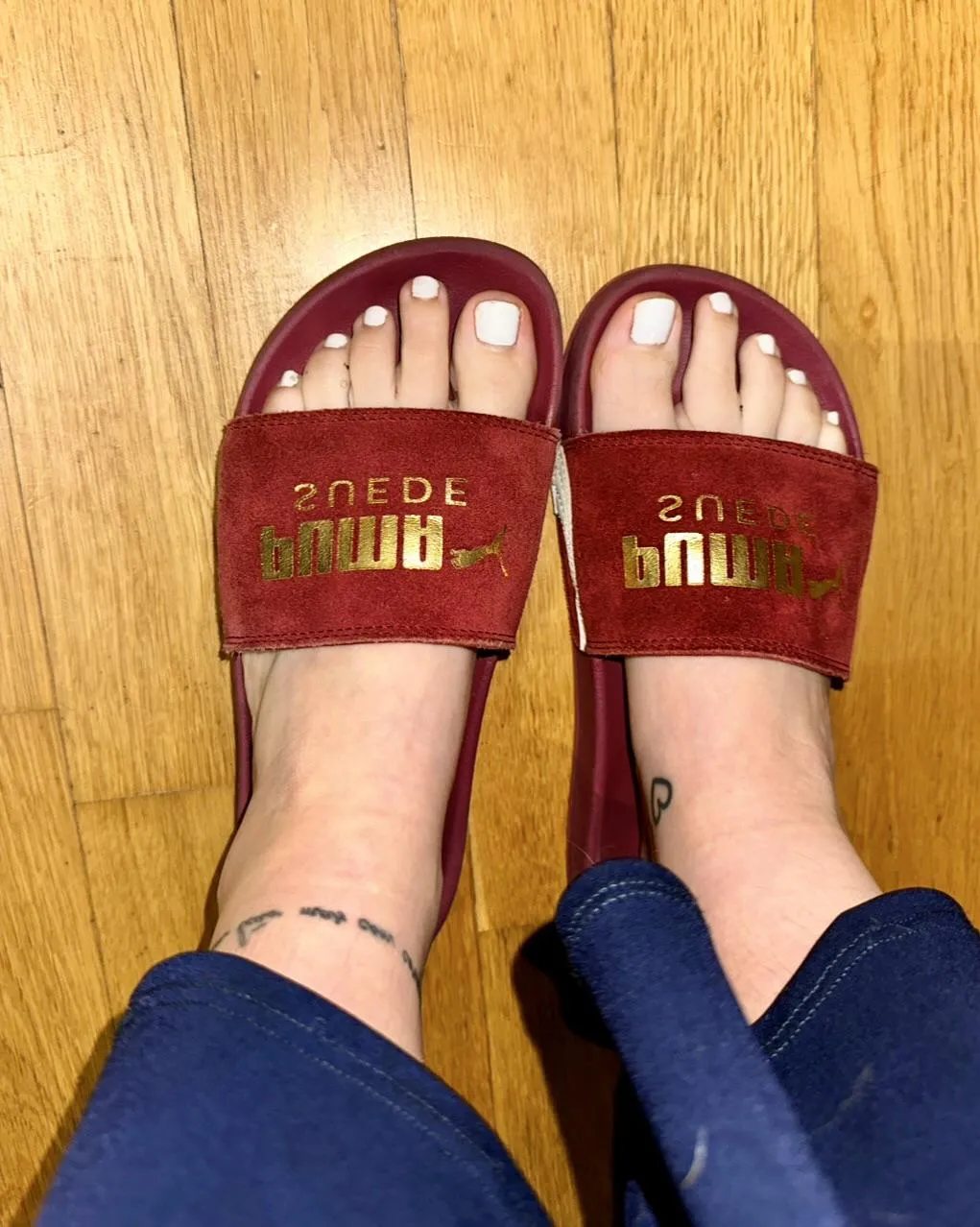 Sweaty white toes in red sandals are definitely what you need to jerk off tonight