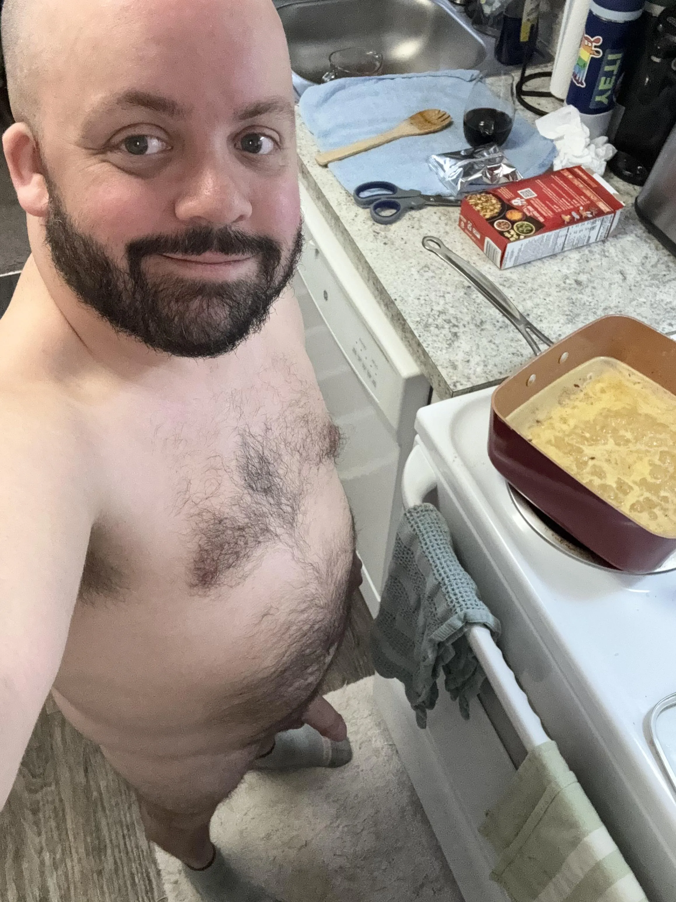 Cooking naked is another favorite nude activity of mine. With a side of wine of course.