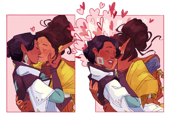 Neve & Bellara super smooches (@Pocket-Dragon) [Dragon Age Veilguard]