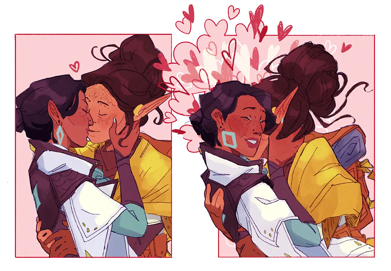 Neve & Bellara super smooches (@Pocket-Dragon) [Dragon Age Veilguard]