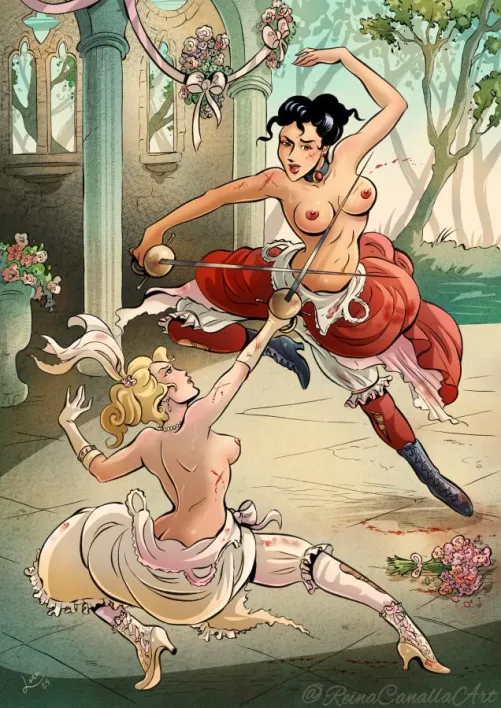 (ReinaCanallaArt) Duel of Hearts ❤️ The blonde fights to secure her place in high society, determined to marry the rich lord and elevate her status. But the brunette, driven by love, can’t bear the thought of losing her to another.