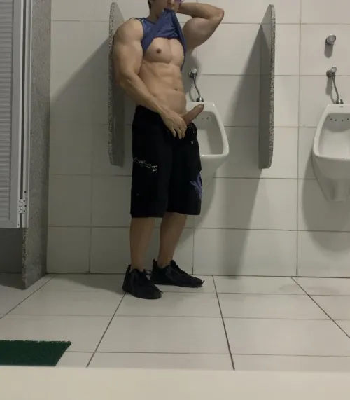 [22] You're swallowing my dick in the middle of the gym bathroom and someone catch us. You keep sucking or run away?