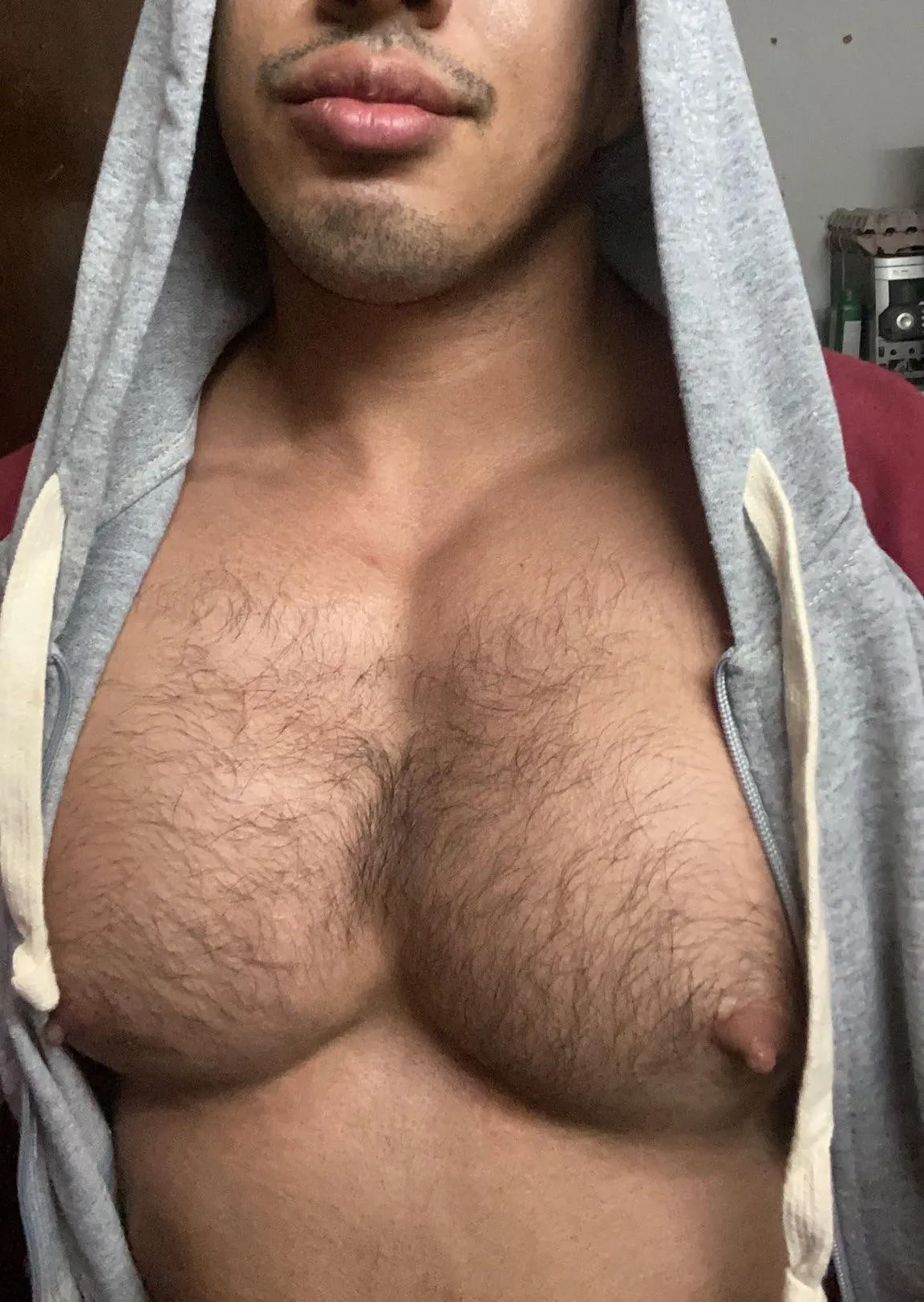 Hairy pecs for you to suck on.