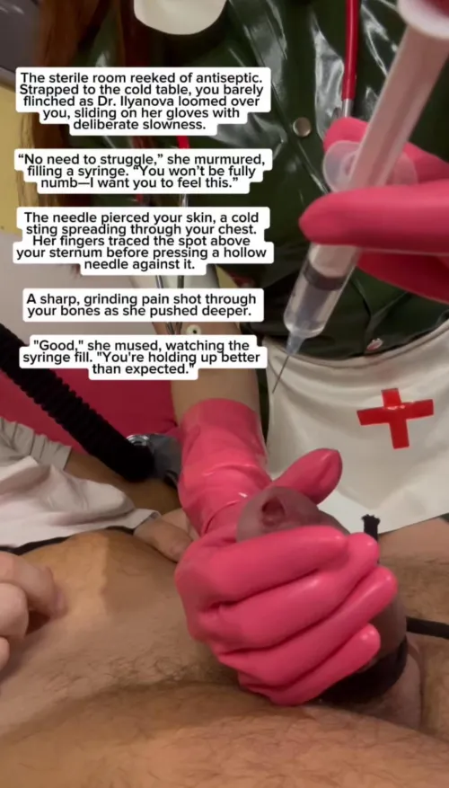 The sterile room reeked of antiseptic. Strapped to the cold table, you barely flinched as Dr. Ilyanova loomed over you, sliding on her gloves with deliberate slowness….