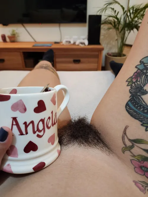 A coffee and a hairy pussy is all you need for today