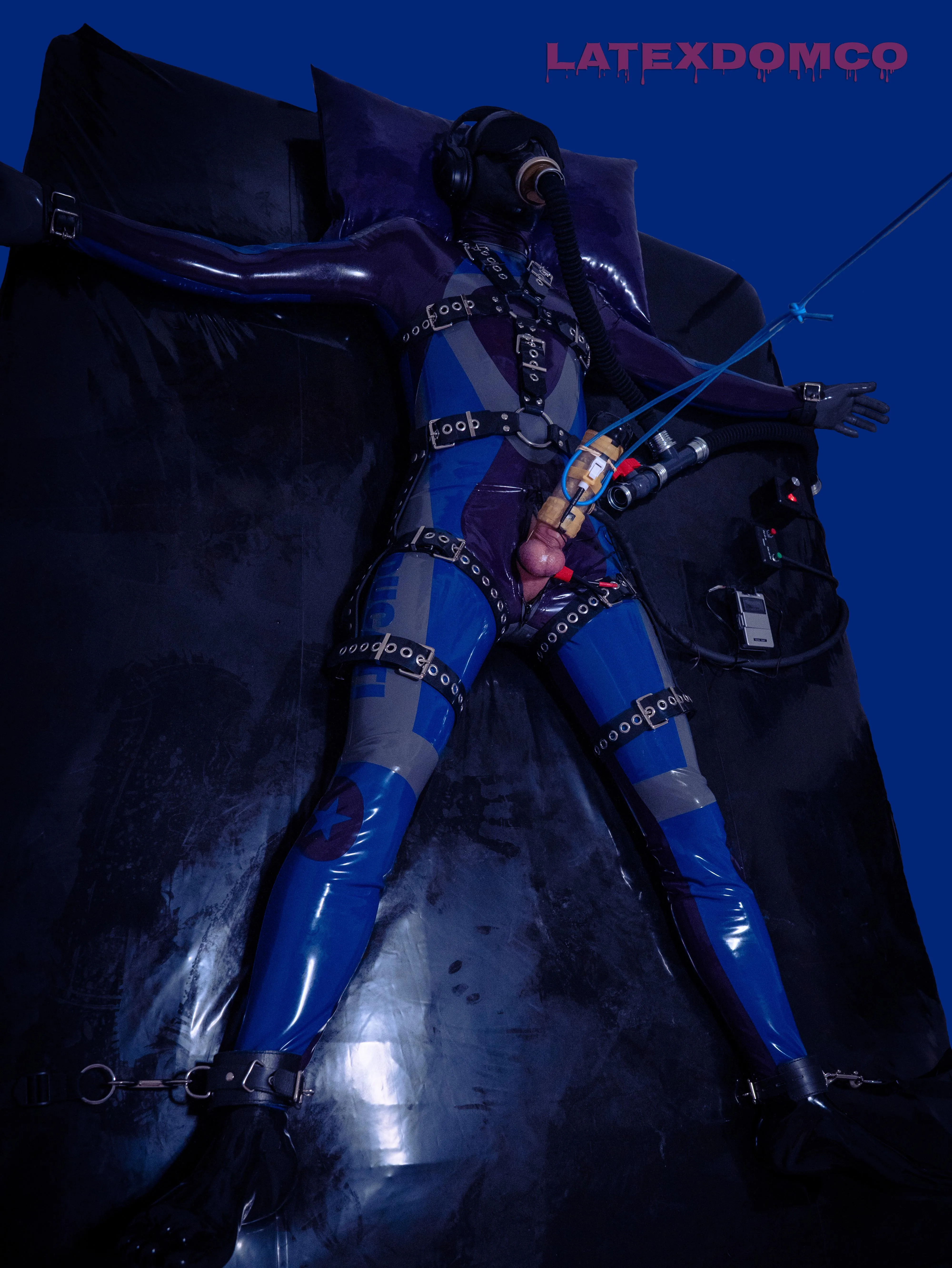 Restrained and sensory deprived for an intense session with the newly-modified monopole Venus receiver and a conductive butt plug