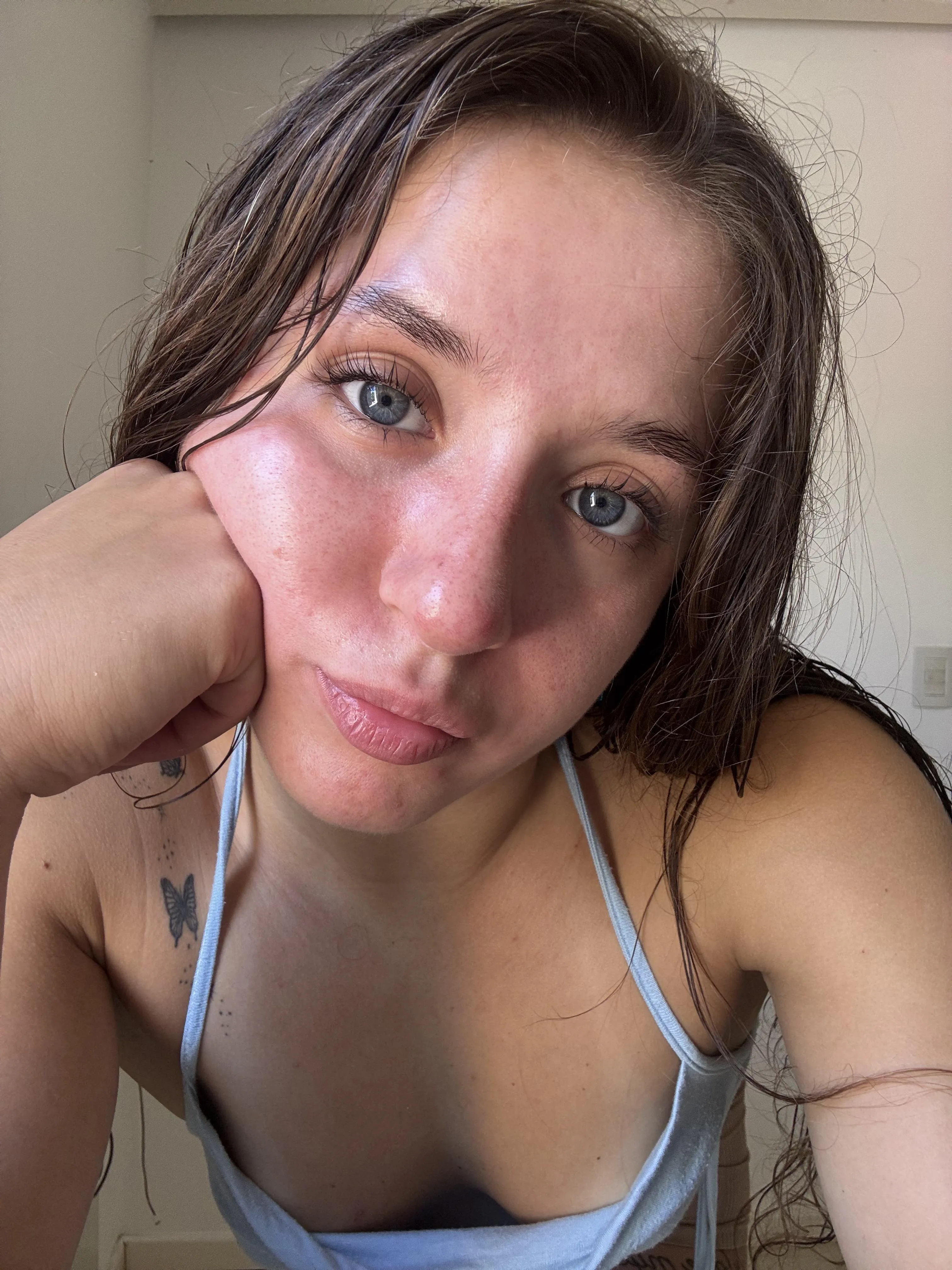 Staring contest but you’ll win since my cleavage is almost nonexistent haha