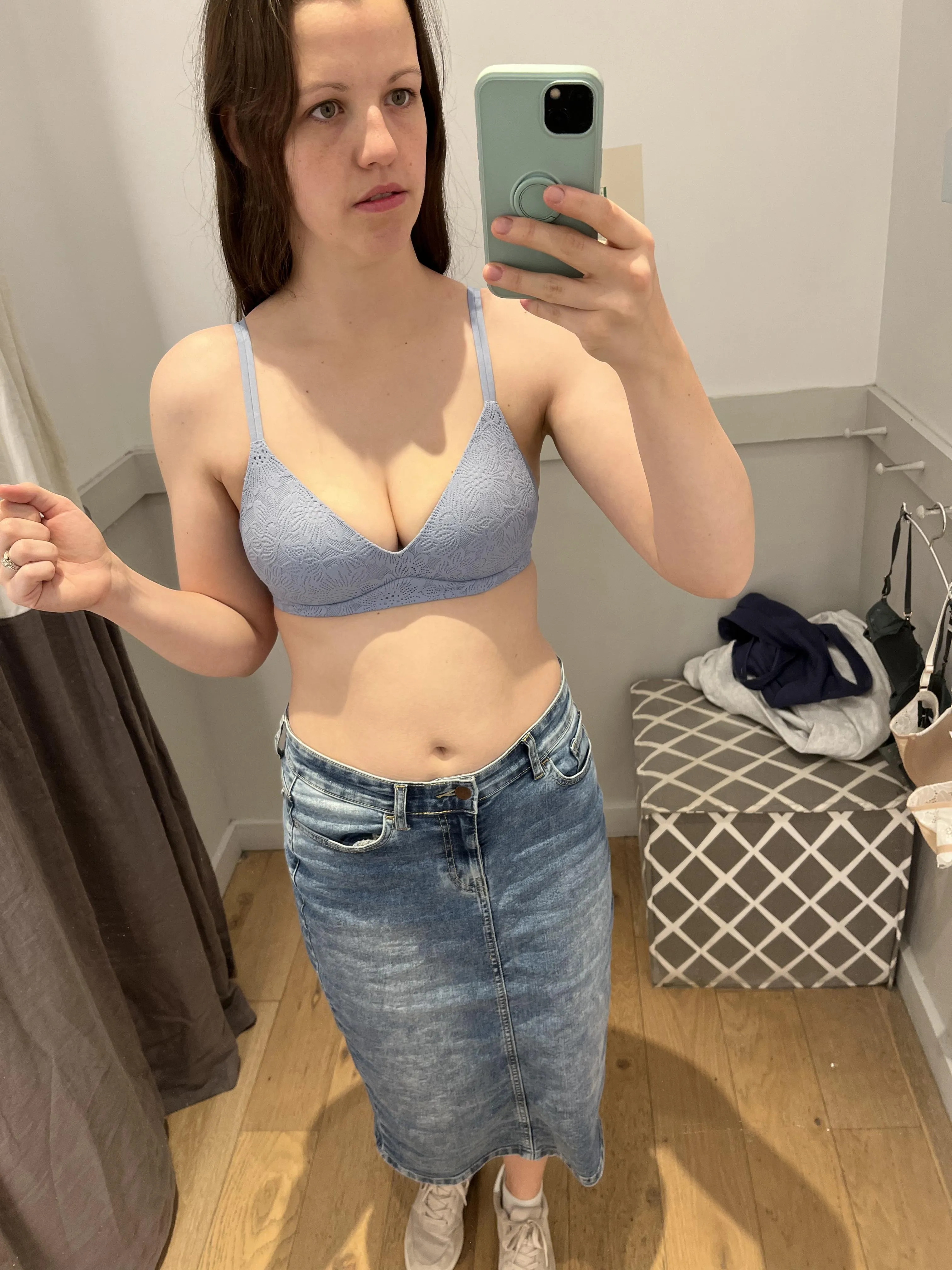 Sierra Crawford trying on a bra
