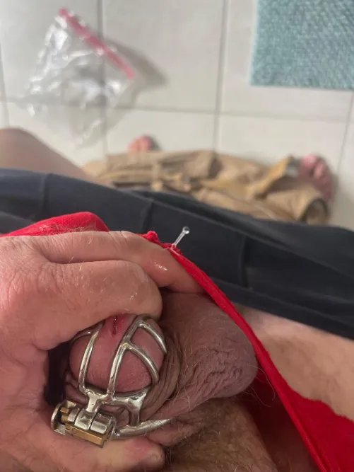 Cum in Lacey red panties and cage