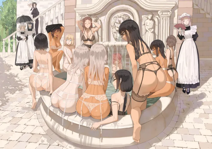 Maids in Lingerie enjoying the fountain