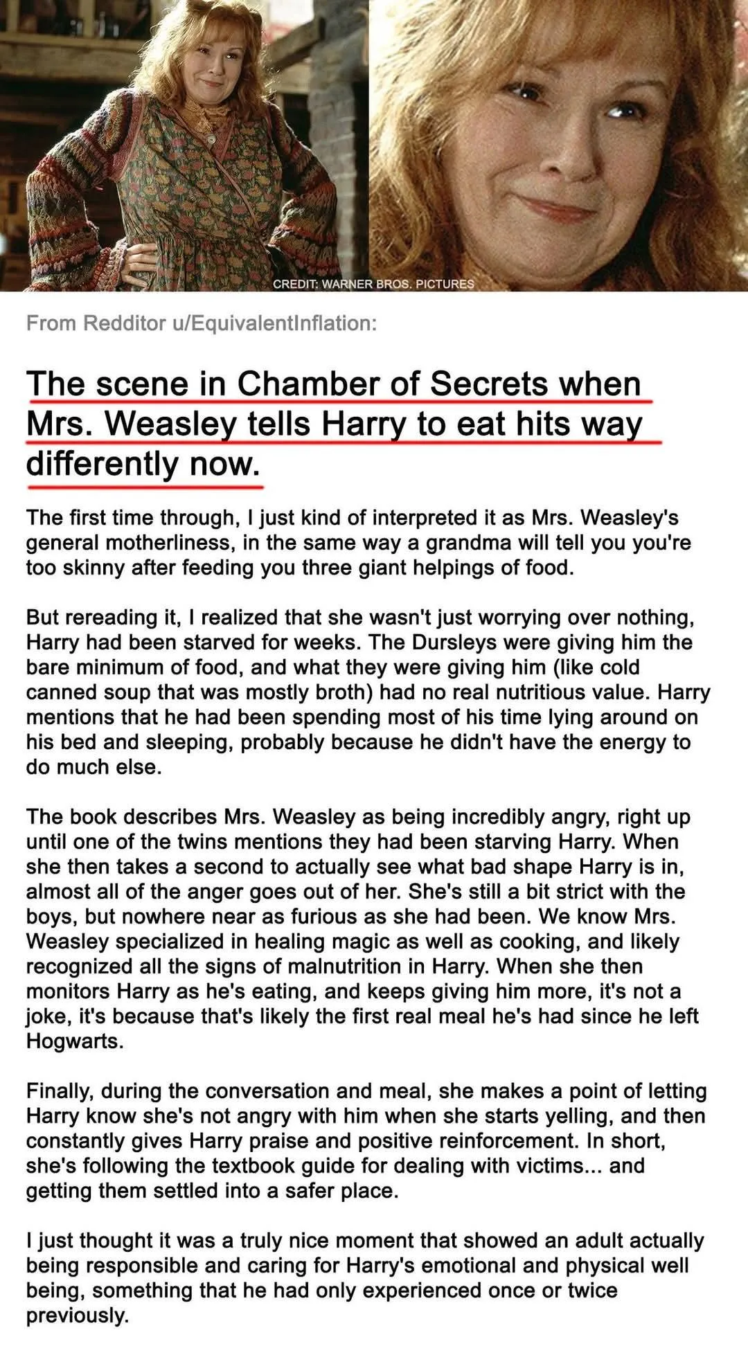Only Harry Potter could have a character with such depth. It requires close analysis, but the realisation that an angry woman calms down after she sees an abused child is truly masterclass writing.  Took me five times to pick up on the subtlety though.