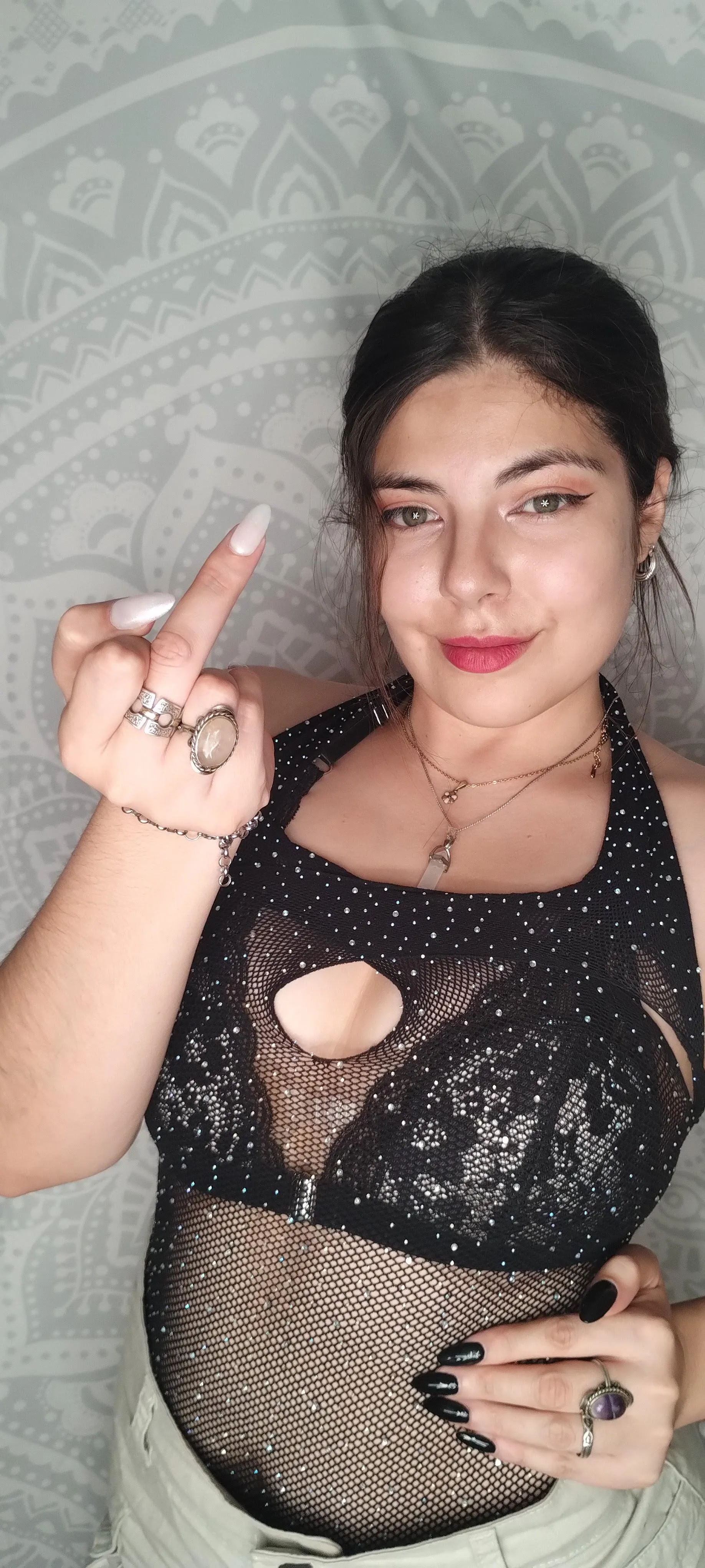 I catch you staring at my ass, I raise my finger: 'Fuck you,' and I drag you against me, my hands digging into you without letting go!