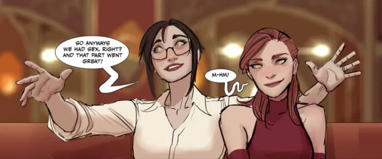 I love the modern versions of the couples so much. Specifically Ally and Lisa. (From Crimson: After Hours. Patreon.)