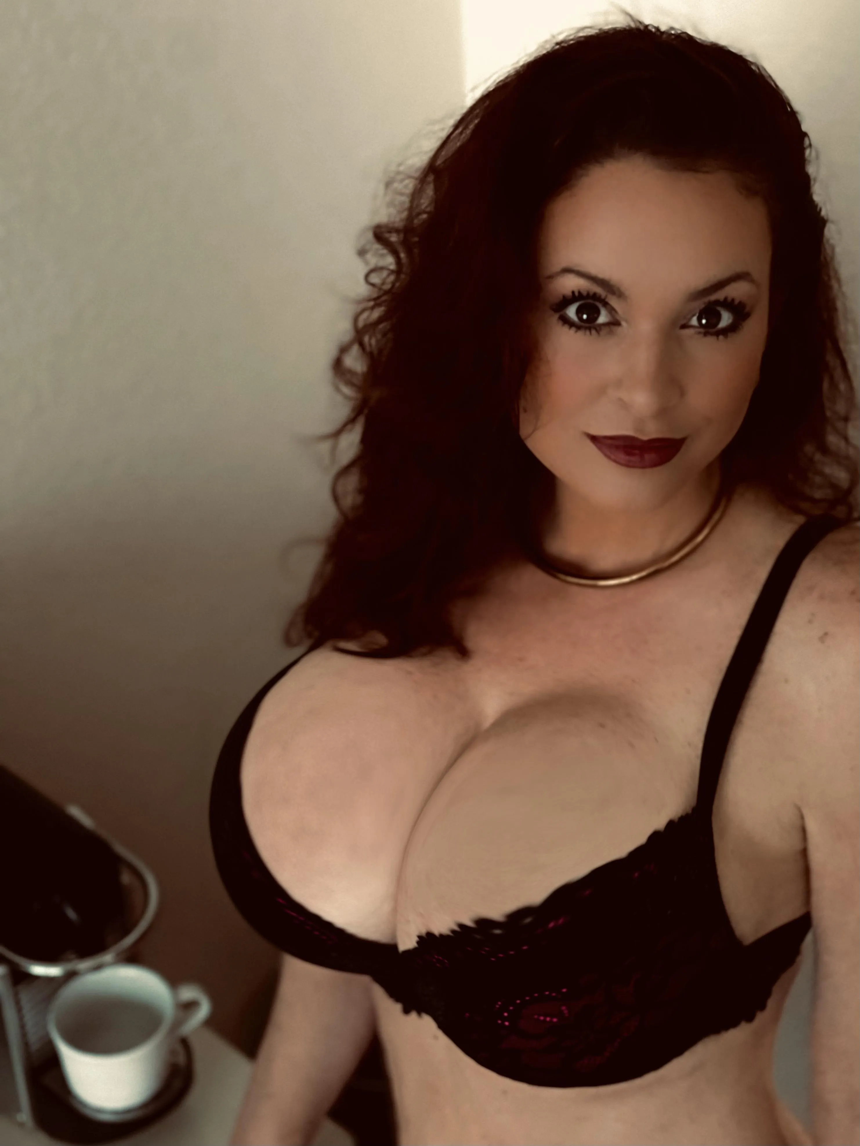 Sexy collared trad wife making morning coffee