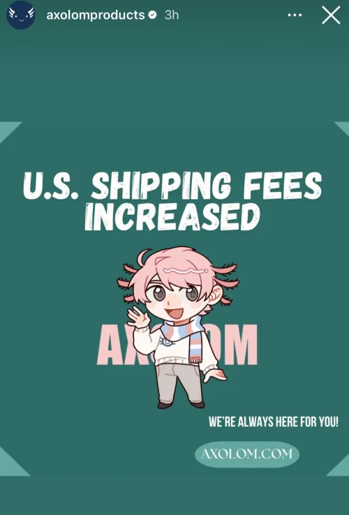Axolom adds shipping fee to US