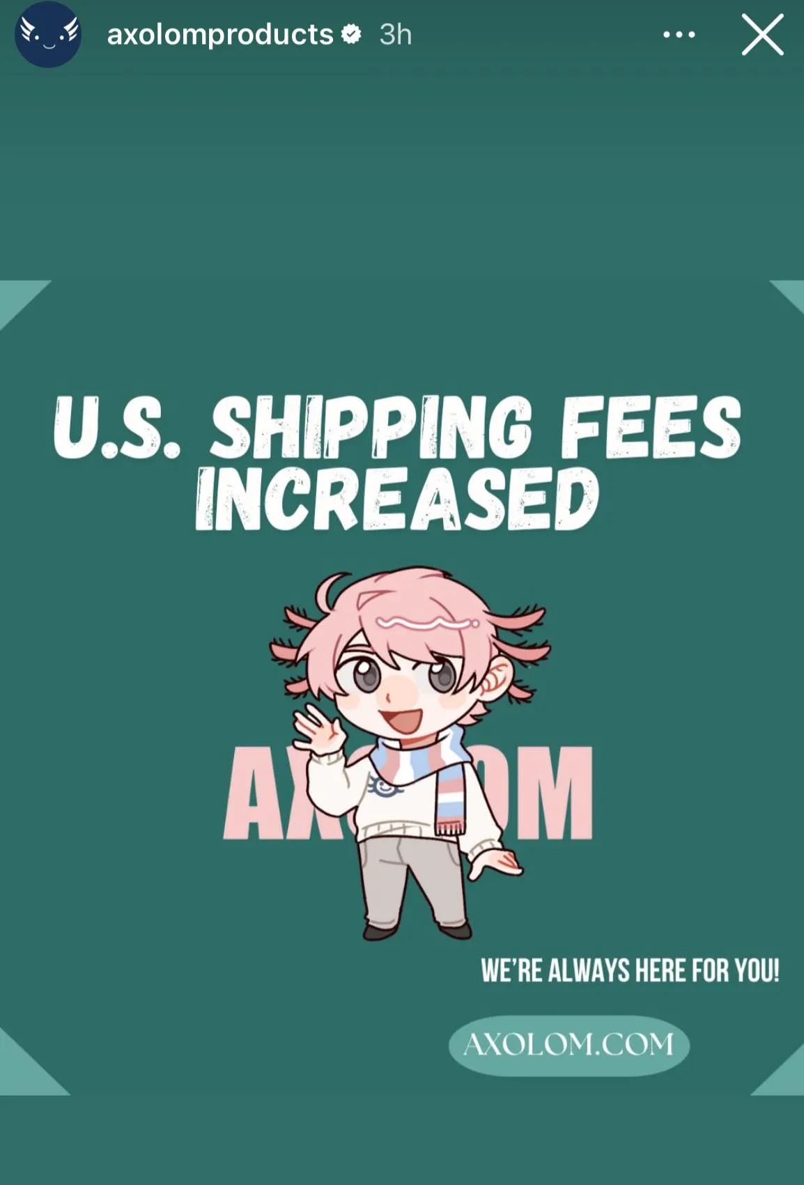 Axolom adds shipping fee to US