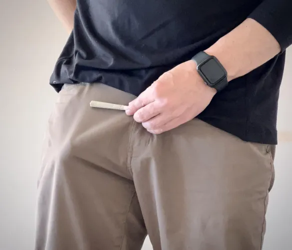 [M] Got high enough to bungle my 4/20 post yesterday, so here’s a joint & my cock thru my pants.