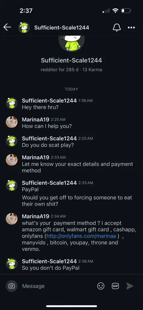 Another warning for Reddit Sufficient-Scale1244, he has been posted many times and is on ban list. Clearly Free fetish talk seeker “ Would you get off to forcing someone to eat their own shit?”