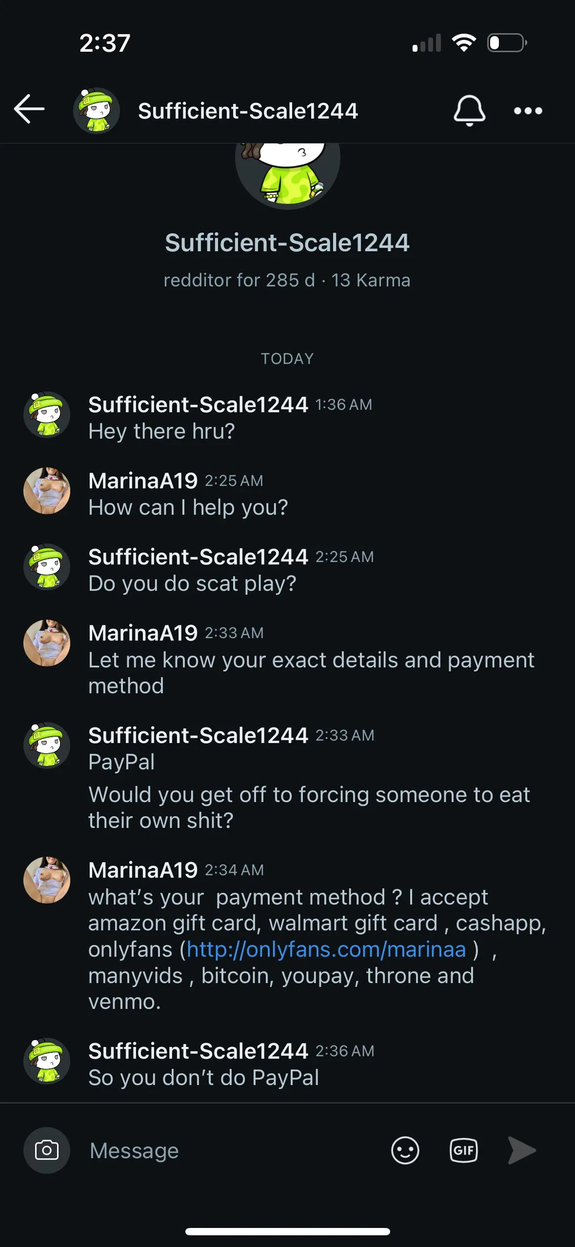 Another warning for Reddit Sufficient-Scale1244, he has been posted many times and is on ban list. Clearly Free fetish talk seeker “ Would you get off to forcing someone to eat their own shit?”