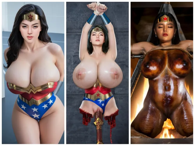 The very tragic death of Wonder Woman. After being raped by a group of monsters, her sexy body was roasted, the sexy Wonder Woman writhed and died. Her milk squirmed everywhere, until she finally died with her body already roasted. A fragrant and delicio