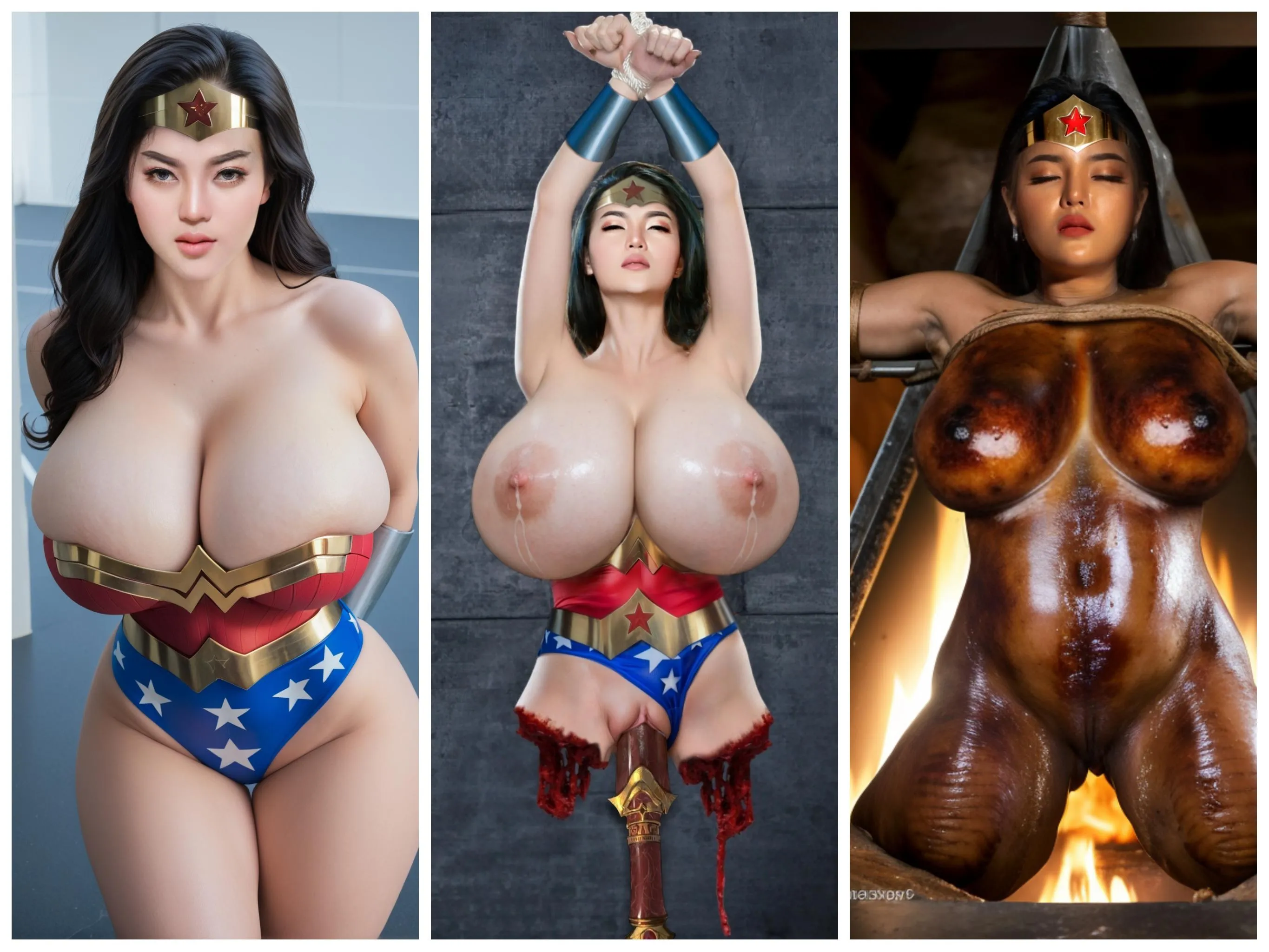 The very tragic death of Wonder Woman. After being raped by a group of monsters, her sexy body was roasted, the sexy Wonder Woman writhed and died. Her milk squirmed everywhere, until she finally died with her body already roasted. A fragrant and delicio