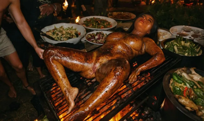 unlucky day for her, she was caught by criminals then held captive, raped brutally and roasted alive and eaten until only bones remained