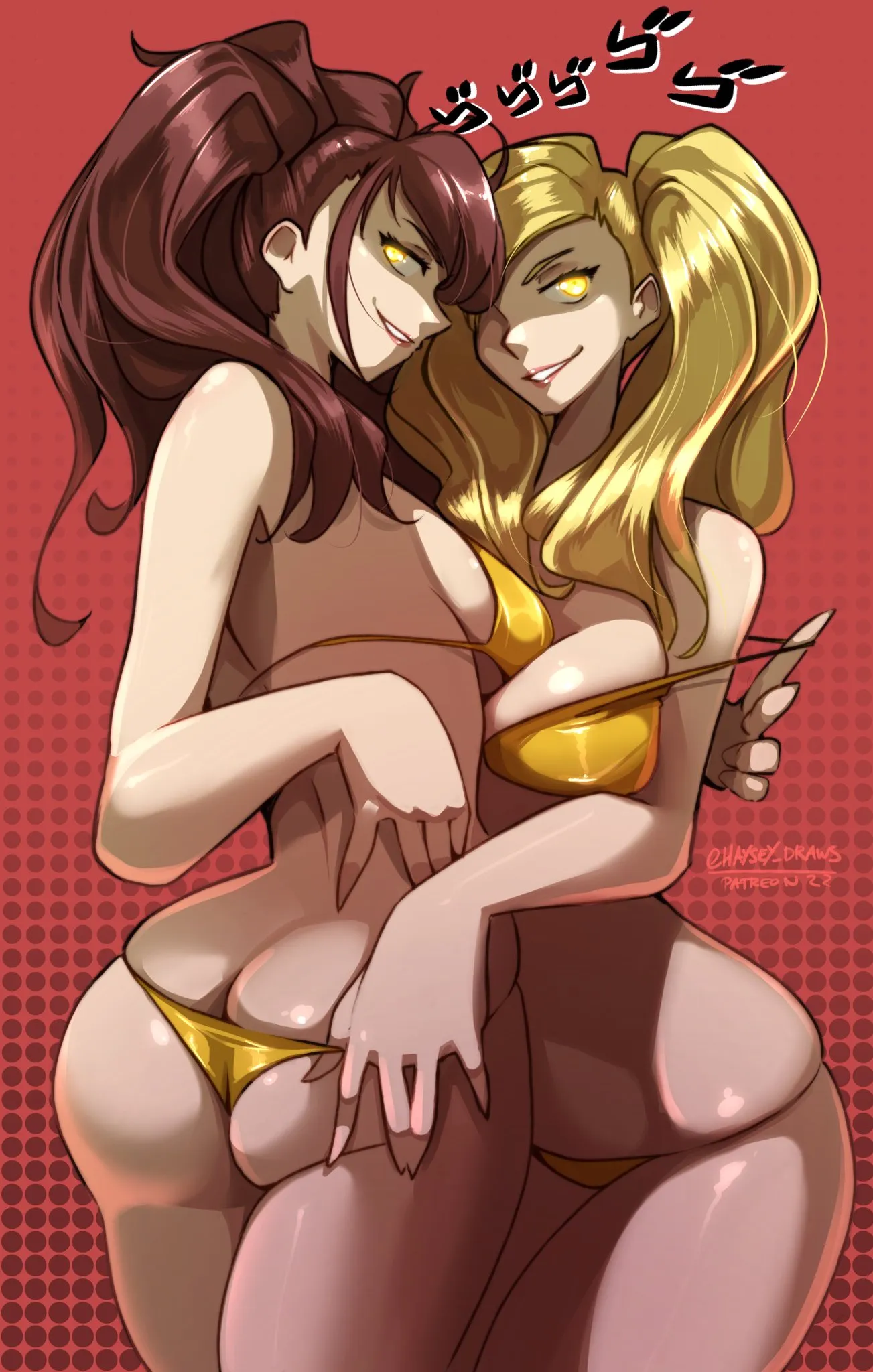 Golden bikini Shadow Rise and Shadow Ann preparing themselves for you