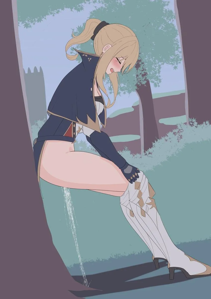 Grand master Jean lean on a tree peeing