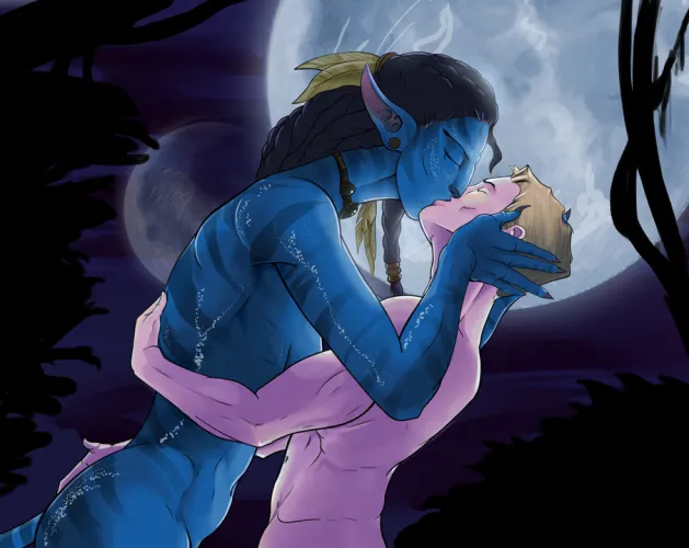 Na'vi woman making out with a human (hattonslayden)