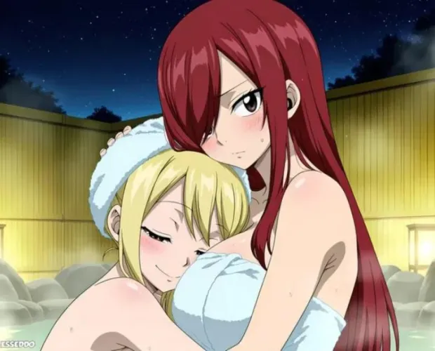 Lucy Heartfilia laying on Erza Scarlet's tiddies in the hot spring 🥵🤤