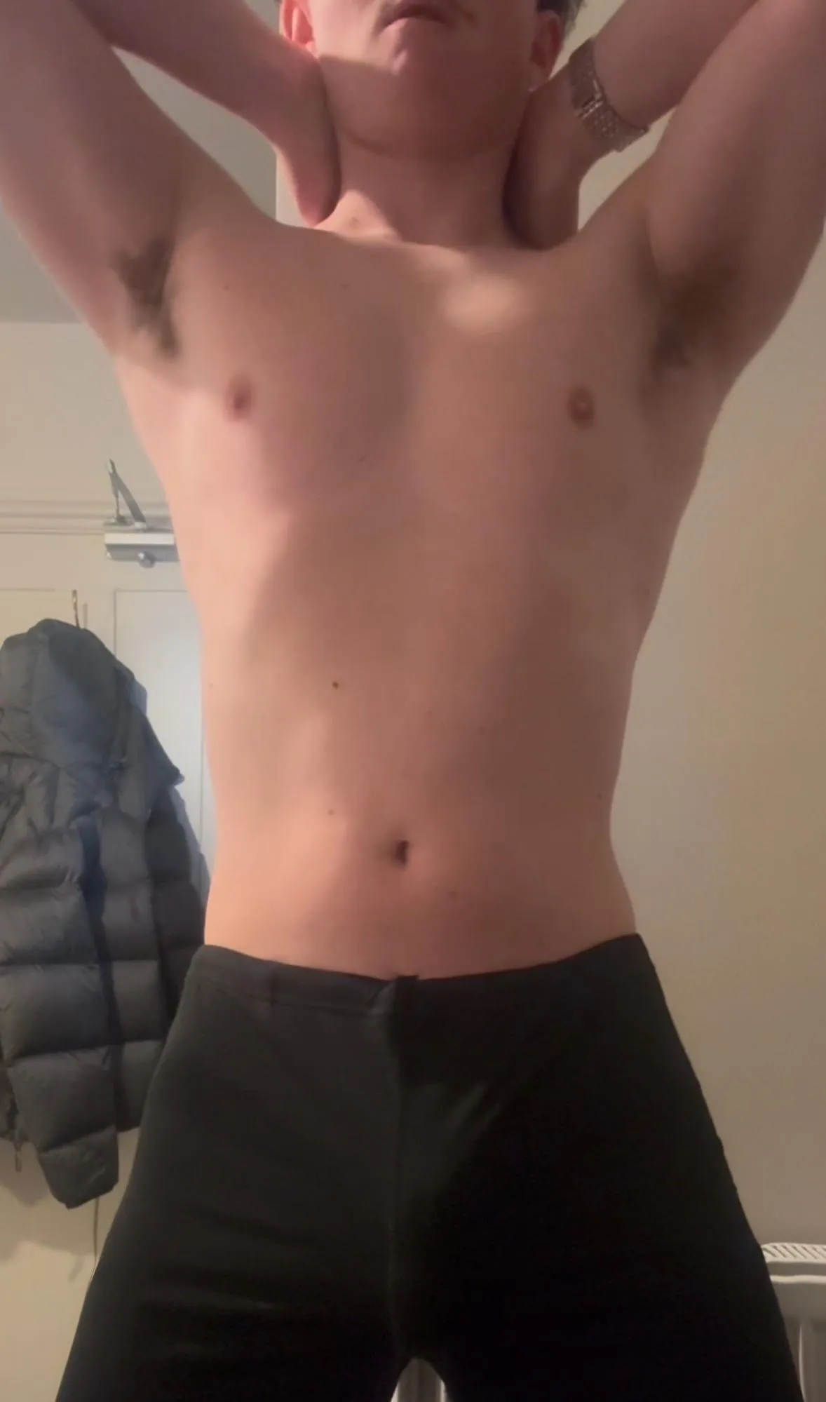 Showing off my sweaty pits. If only you could smell my musk rn