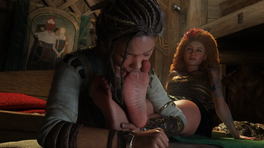 So you're Loki's lover, huh? Mmm, yeah. Clean my feet nicely. I can't believe you love my feet this much (Angrboda and Thrud) [iSinatra]