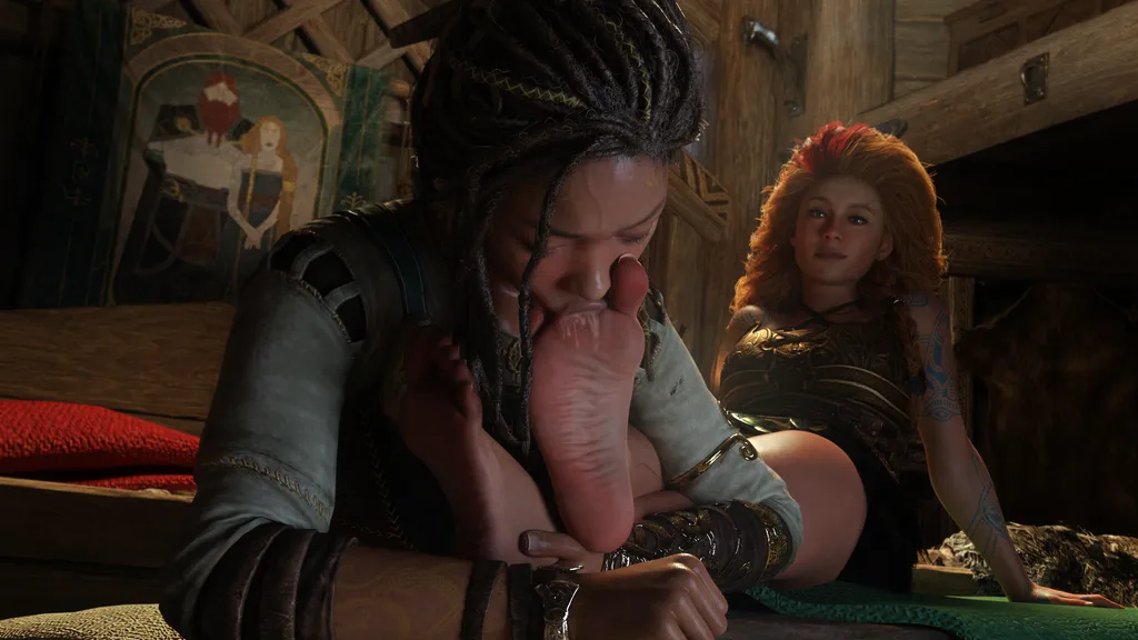 So you're Loki's lover, huh? Mmm, yeah. Clean my feet nicely. I can't believe you love my feet this much (Angrboda and Thrud) [iSinatra]