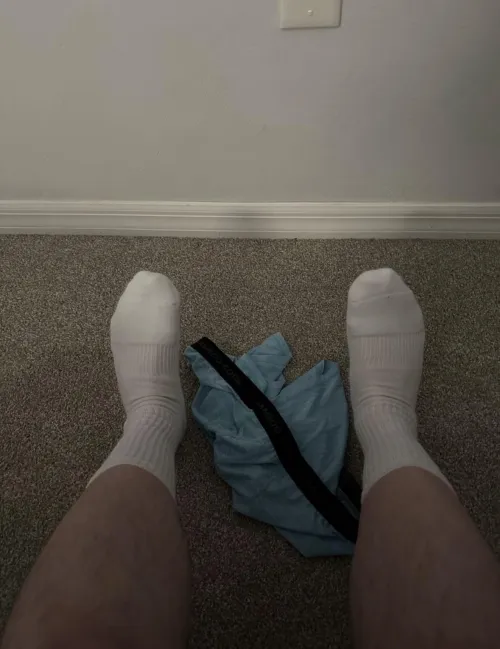 {35} Home from work. First off is the jeans, then the underwear. Just me in the white UA crews tonight