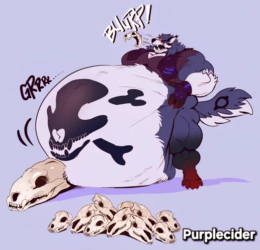 {Image} Being an Eldritch Beast with a stomach as deep as the abyss means you always gotta eat an unmeasurable quantity of food, luckily enough it's easy to lure people when need a filling meal ☠️☠️☠️ (@purplecider.bsky.social)
