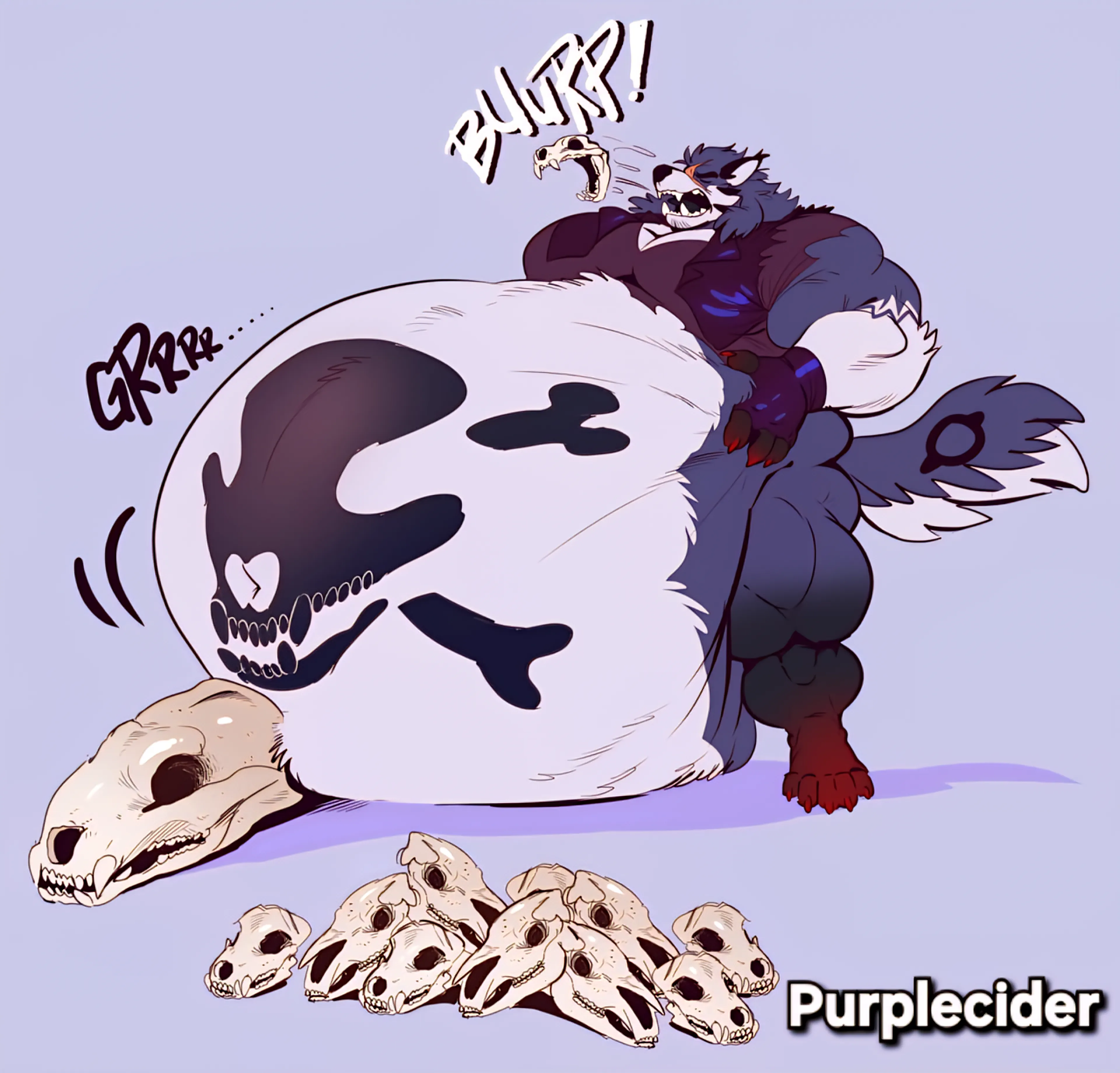 {Image} Being an Eldritch Beast with a stomach as deep as the abyss means you always gotta eat an unmeasurable quantity of food, luckily enough it's easy to lure people when need a filling meal ☠️☠️☠️ (@purplecider.bsky.social)